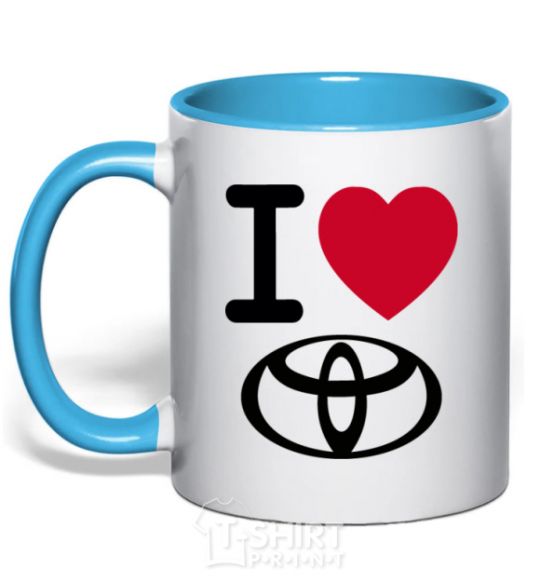 Mug with a colored handle I Love Toyota sky-blue фото