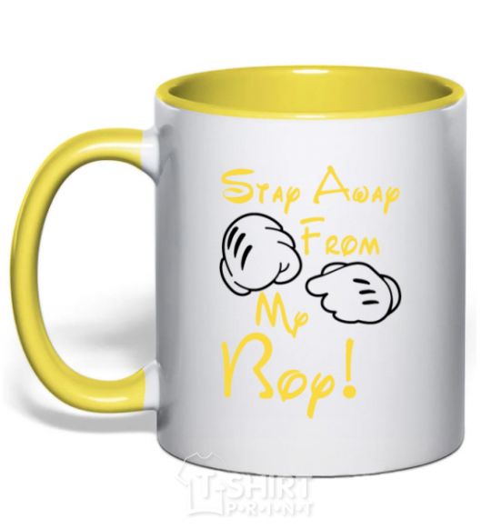 Mug with a colored handle Stay away rom my boy yellow фото