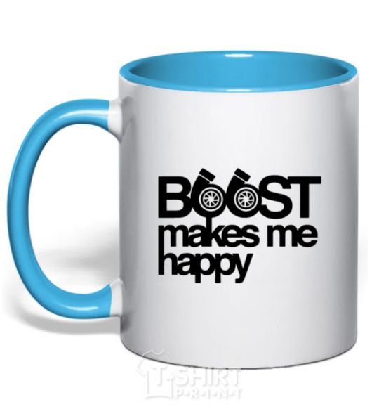 Mug with a colored handle Boost happy sky-blue фото