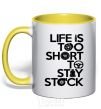 Mug with a colored handle Life is too short to stay stack yellow фото