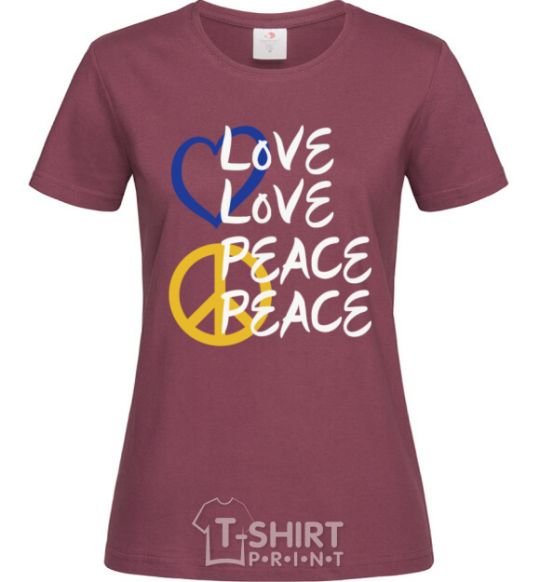Women's T-shirt LOVE PEACE burgundy фото