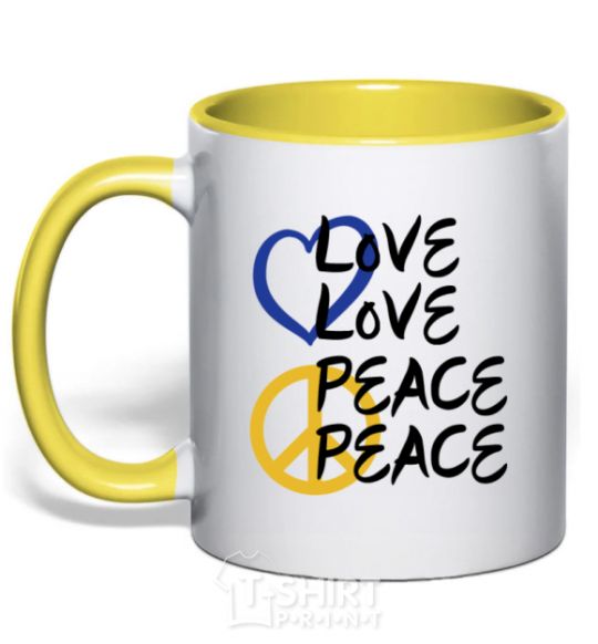 Mug with a colored handle LOVE PEACE yellow фото