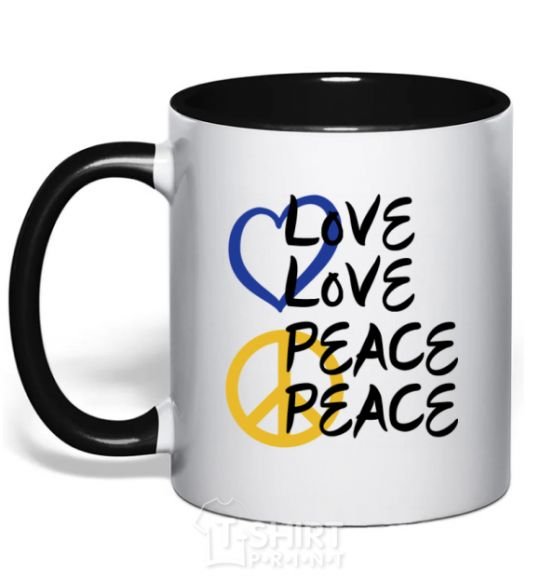 Mug with a colored handle LOVE PEACE black фото