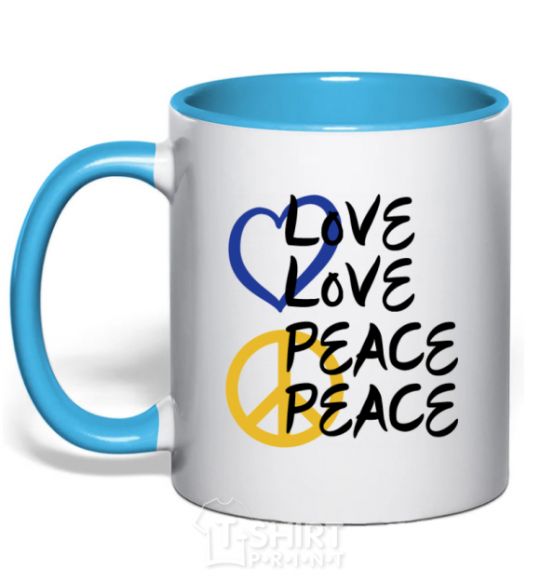 Mug with a colored handle LOVE PEACE sky-blue фото