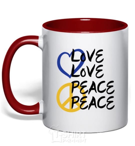 Mug with a colored handle LOVE PEACE red фото