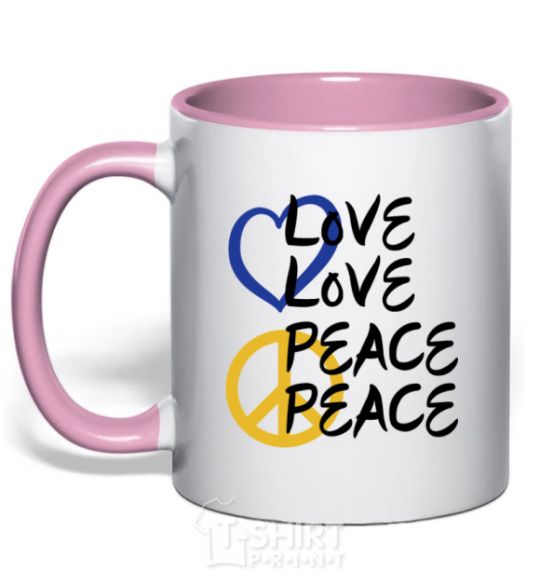 Mug with a colored handle LOVE PEACE light-pink фото