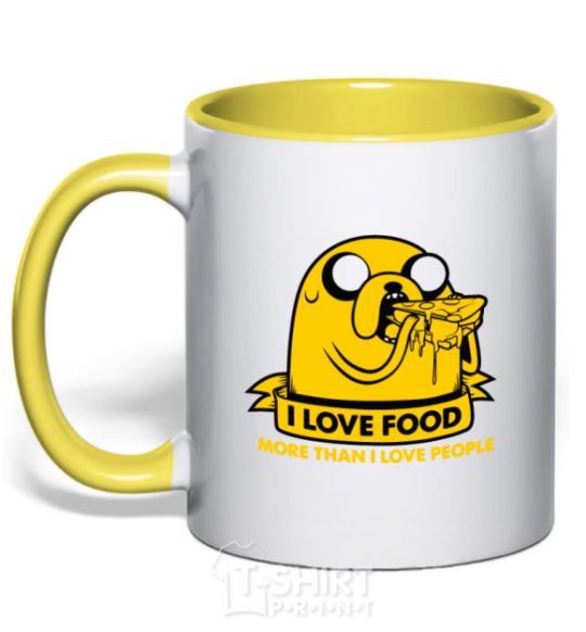 Mug with a colored handle I love food yellow фото