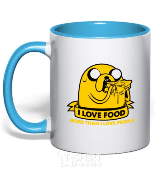 Mug with a colored handle I love food sky-blue фото