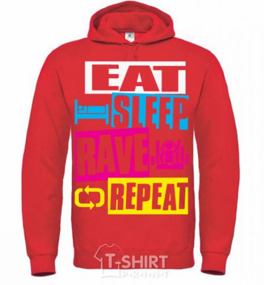 Men`s hoodie eat sleap rave repeat bright-red фото