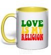 Mug with a colored handle Love is my religion yellow фото