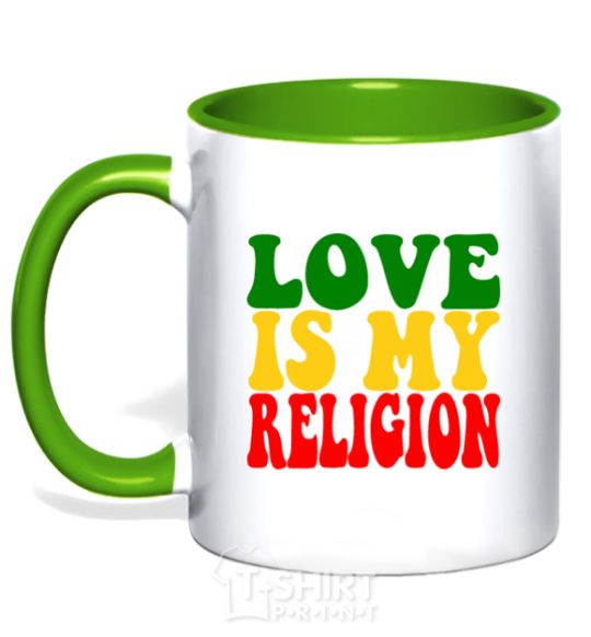 Mug with a colored handle Love is my religion kelly-green фото