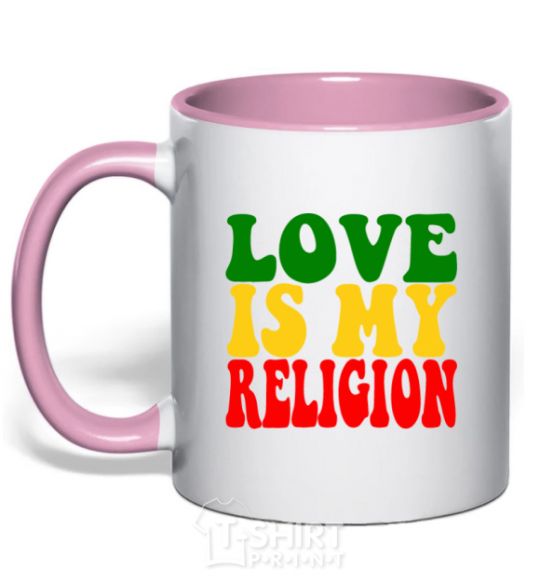 Mug with a colored handle Love is my religion light-pink фото