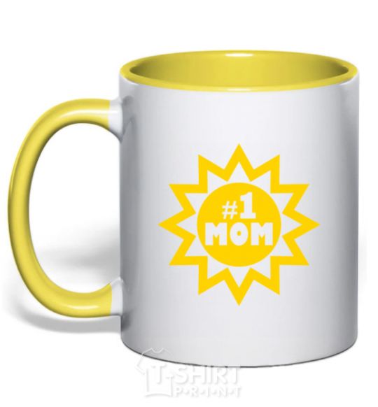 Mug with a colored handle Mom number one yellow фото