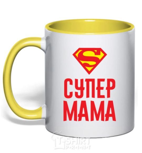 Mug with a colored handle Super mom yellow фото