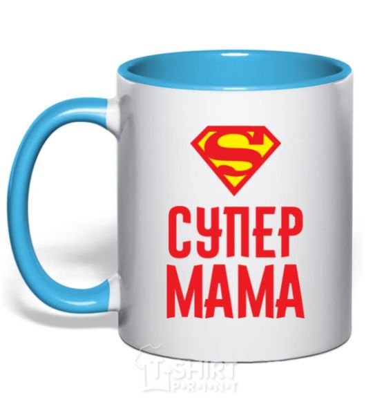 Mug with a colored handle Super mom sky-blue фото