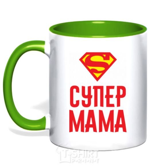 Mug with a colored handle Super mom kelly-green фото