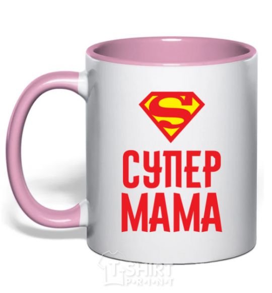 Mug with a colored handle Super mom light-pink фото