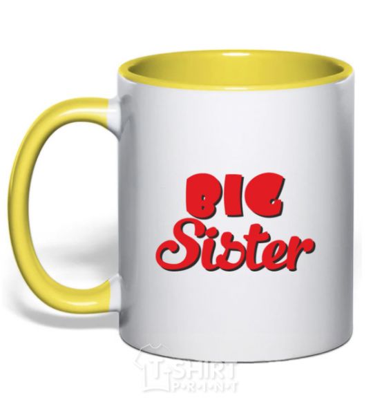 Mug with a colored handle Big sister red inscription yellow фото