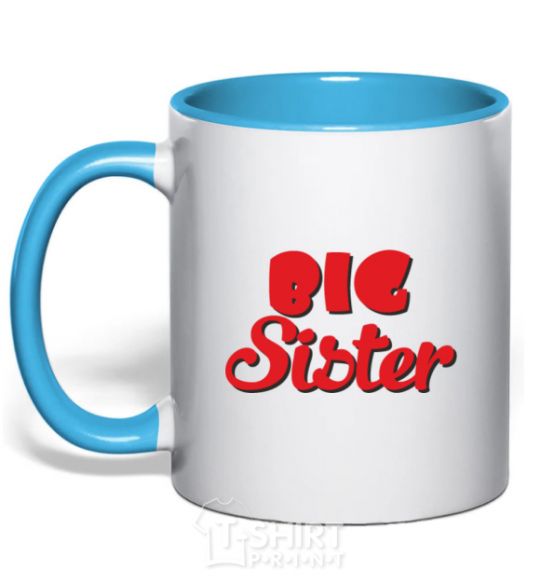 Mug with a colored handle Big sister red inscription sky-blue фото