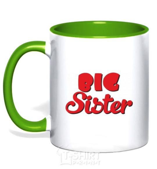 Mug with a colored handle Big sister red inscription kelly-green фото