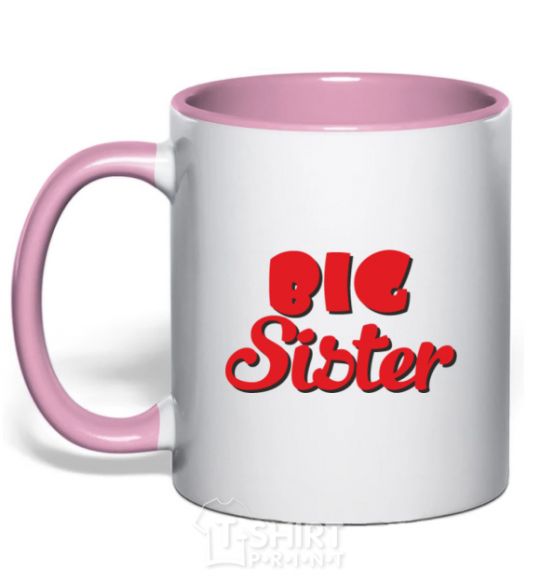 Mug with a colored handle Big sister red inscription light-pink фото
