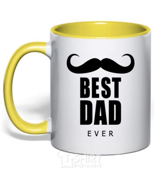 Mug with a colored handle Best dad ever with a moustache yellow фото