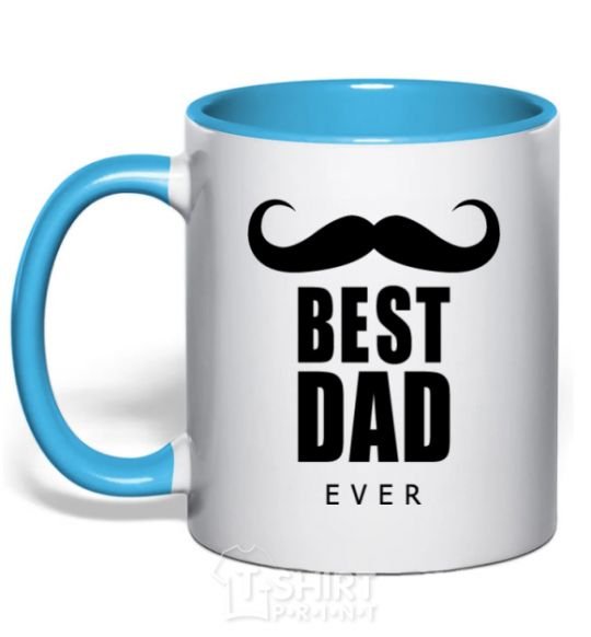 Mug with a colored handle Best dad ever with a moustache sky-blue фото