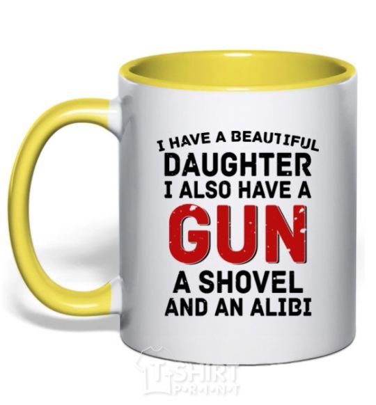 Mug with a colored handle I have a beautiful daughter and a gun yellow фото