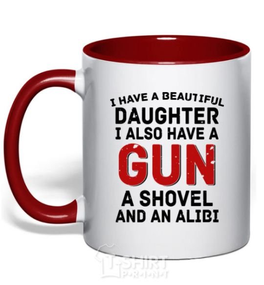 Mug with a colored handle I have a beautiful daughter and a gun red фото
