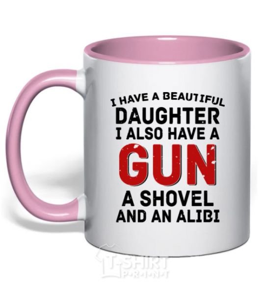 Mug with a colored handle I have a beautiful daughter and a gun light-pink фото