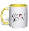 Mug with a colored handle You make me smile yellow фото