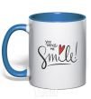 Mug with a colored handle You make me smile royal-blue фото