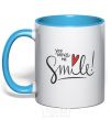 Mug with a colored handle You make me smile sky-blue фото