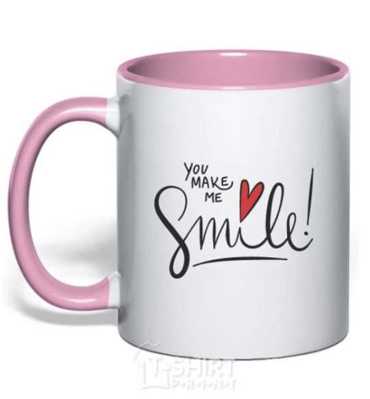 Mug with a colored handle You make me smile light-pink фото