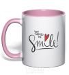 Mug with a colored handle You make me smile light-pink фото