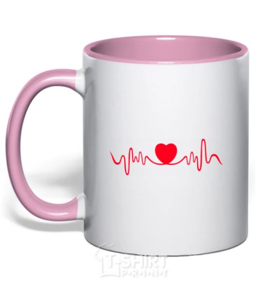Mug with a colored handle Heart rate light-pink фото