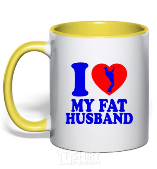 Mug with a colored handle I love my fat husband yellow фото