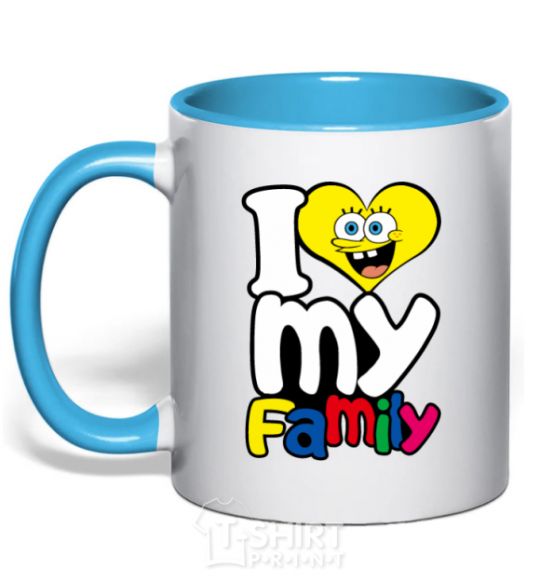 Mug with a colored handle I love my family Dad sky-blue фото