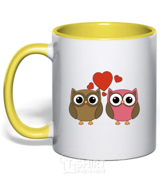 Mug with a colored handle Love owl yellow фото