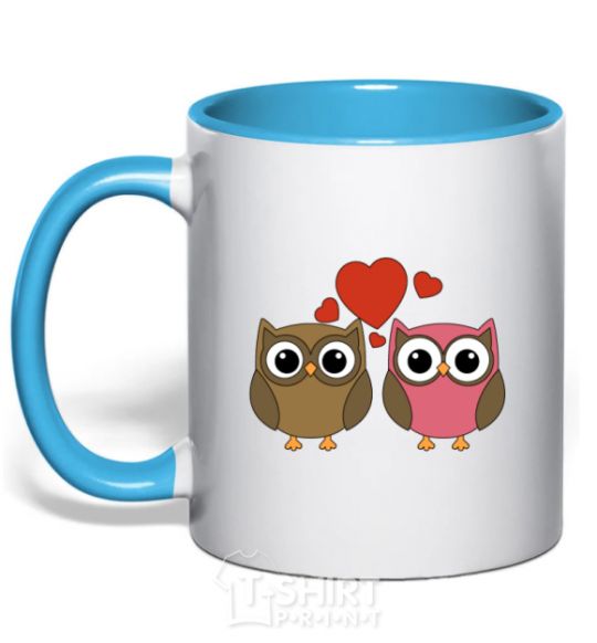 Mug with a colored handle Love owl sky-blue фото