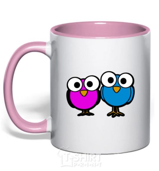Mug with a colored handle googley eye bird light-pink фото