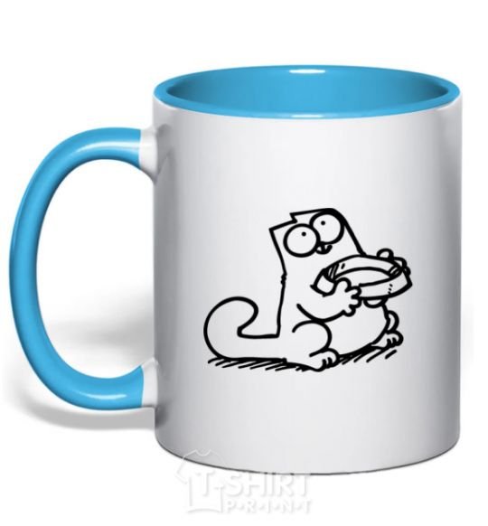 Mug with a colored handle Give me food sky-blue фото