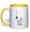 Mug with a colored handle Spider and cat yellow фото