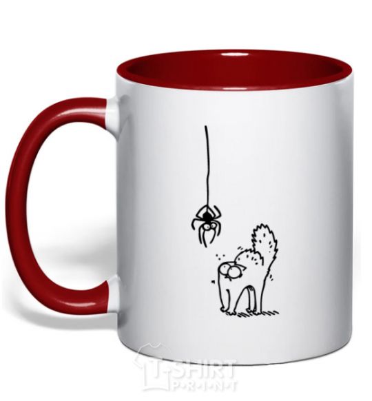 Mug with a colored handle Spider and cat red фото