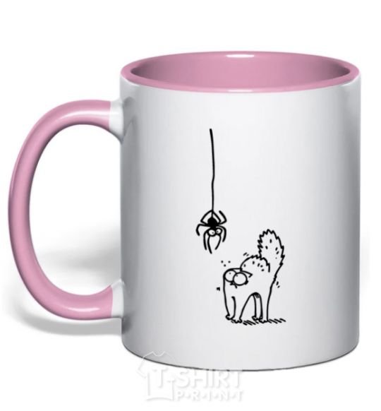 Mug with a colored handle Spider and cat light-pink фото