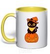 Mug with a colored handle halloween cat yellow фото