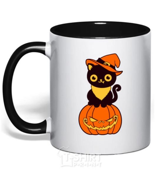 Mug with a colored handle halloween cat black фото