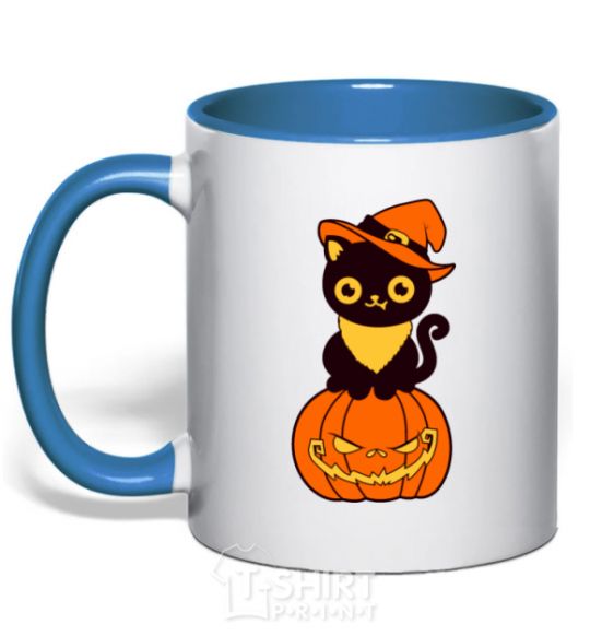 Mug with a colored handle halloween cat royal-blue фото