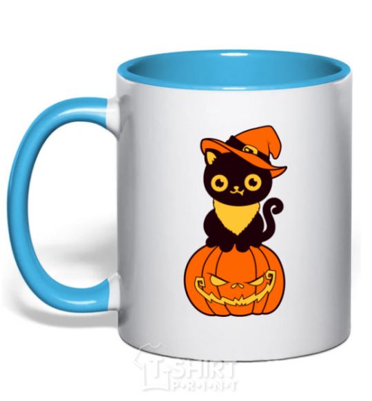 Mug with a colored handle halloween cat sky-blue фото