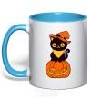 Mug with a colored handle halloween cat sky-blue фото